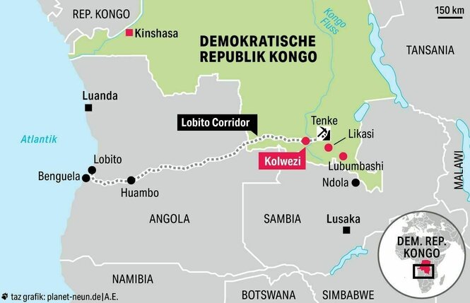 Die Lankarte zeigt, wo die Bahnstrecke verlaufen wird: von Kongo durch Angola bis an die Küste