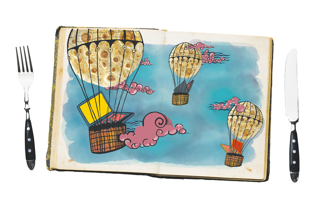 Eine Illustration zeigt Tortillas als Heißluftballons, in denen Laptops und Handys liegen
