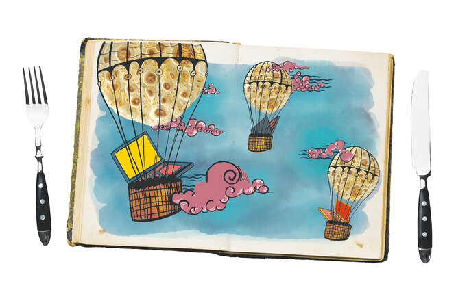 Eine Illustration zeigt Tortillas als Heißluftballons, in denen Laptops und Handys liegen