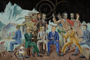 Eine surrealistische Szene mit einer Gruppe von etwa 17 Personen, die Künstler und Intellektuelle des Dadaismus und frühen Surrealismus darstellen. Sie sind in bunten Anzügen und Kleidern gekleidet und sitzen oder stehen in einer kalten, eisigen Landschaf