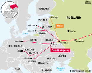 Landkarte mit Verlauf der Druschba-Pipeline