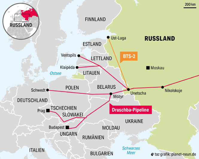Landkarte mit Verlauf der Druschba-Pipeline