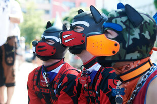 Drei Personen mit Hundemasken