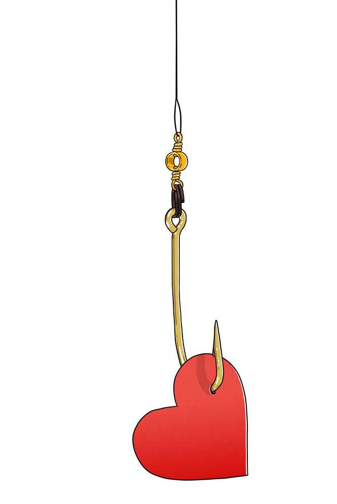 Eine Illustration zeigt ein Herz an einem Angelhaken.