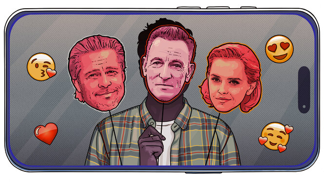 Eine Illustration zeigt mehrer Personen, u.a. Brad Pit und Emma Watson auf einem Smartphone.