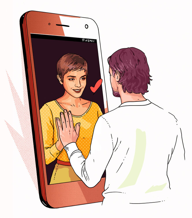 Eine Illustration zeigt eine Person die Emma Watson auf einem Smartphone berührt.