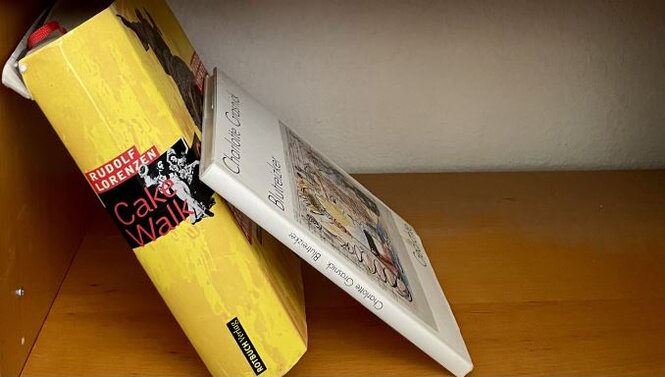 Das Bild zeigt ein fast leeres Bücherregal, in dem zwei Bücher schräg ineinander gelehnt stehen, sodass das vordere Buch halb herunterrutscht. Das restliche Bücherregal ist leer.