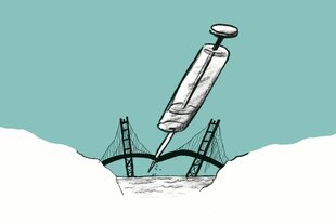 Die Golden Gate Brücke wird von einer großen Spritze gerammt