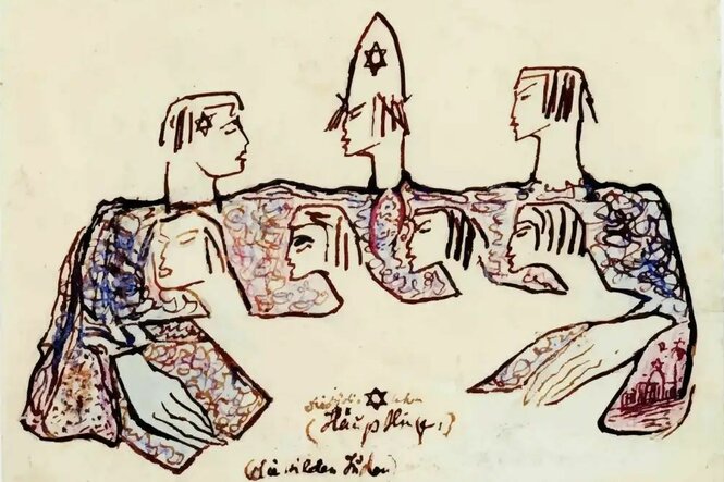 Eine Zeichnung von Else Lasker-Schüler zeigt Menschen, die teils mit Davidsstern auf dem Hut, an einem Tisch zu sitzen scheinen. Bei intensiverer Betrachtung zeigt sich, dass zugleich die Konturen anderer Personen in ihre Körper eingelassen sind.