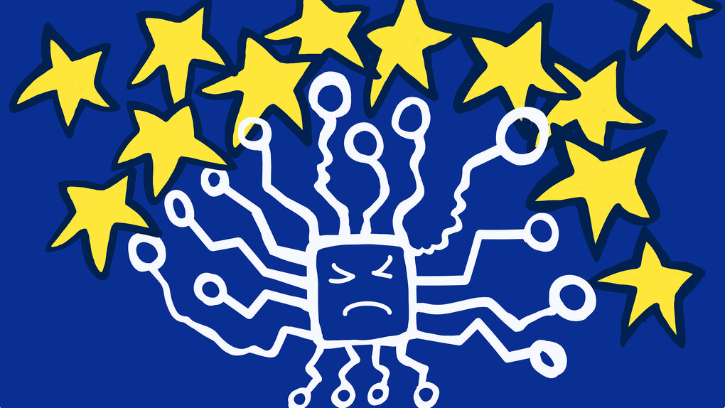 Illustration in den Europafarben blaun und gelb, das Motiv zeigt eine Platine, die wie eine Comicfigur gezeichnet ist