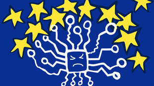 Illustration in den Europafarben blaun und gelb, das Motiv zeigt eine Platine, die wie eine Comicfigur gezeichnet ist