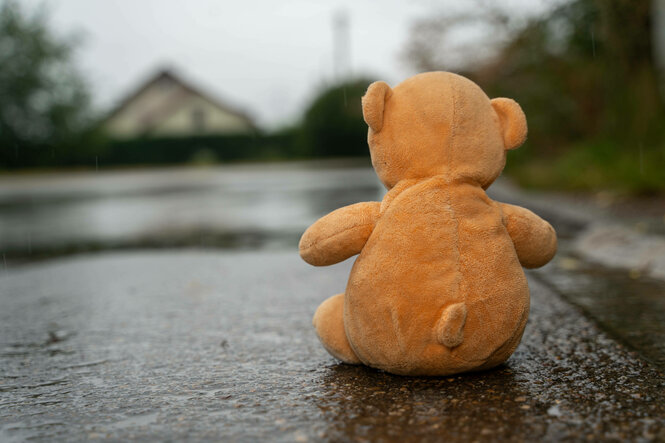 Ein Kuscheltier sitzt alleine auf einer Straße