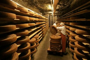 Käser:innen bürsten Schweizer Gruyère-Käse, der in einer Höhle in Kaltbach in der Nähe von Luzern reift