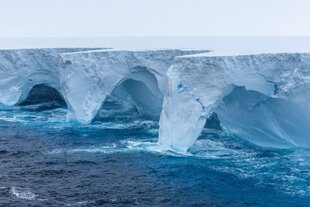 gigantischer flacher Eisberg mit höhlenartigen Durchbrüchen auf Höhe der Wasseroberfläche