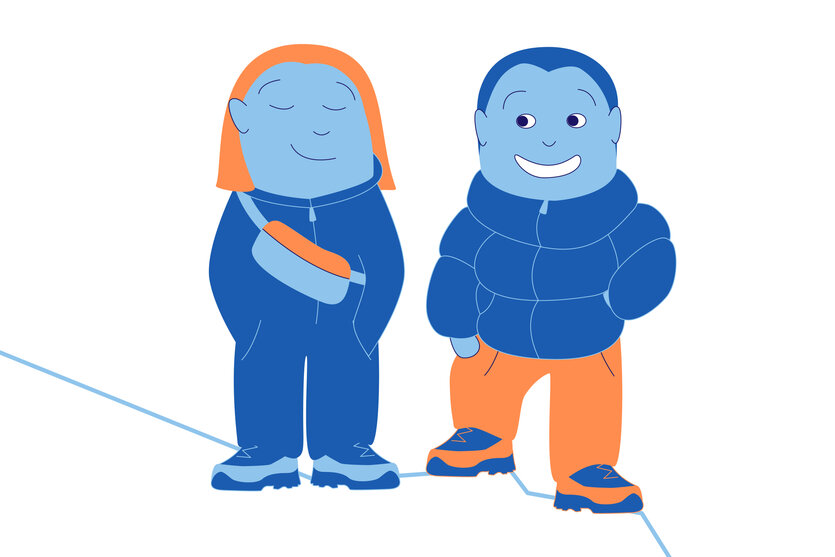 Eine Illustration zeigt zwei freundliche Figuren in Outdoor-Kleidung