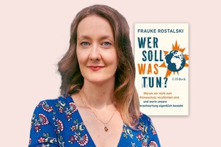 Eine Fotocollage der Autorin des Essays „Wer soll was tun?“ Frauke Rostalski vor einem rosanen Hintergrund. Links daneben ist das Cover ihres Essays zu sehen.
