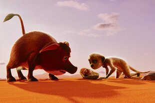 Eine Zeichnung, die ein Pinselohrschwein und ein Erdmännchen zeigt. Beide beugen sich über ein Tierbaby.