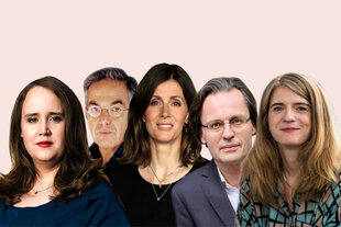 Auf dem Bild sind unserer Gäste und Teilnehmer:innen des taz Talks zu sehen. Vor einem leicht rosanen Hintergrund sind taz-Geschäftsführerin Aline Lüllmann, Schriftsteller Navid Kermani, Medienwissenschaftler Prof. Bernhard Pörksen, die Grünen-Politikerin Ricarda Lang und die Moderatorin des taz Talks und Vize-Chefredakteurin Katrin Gottschalk