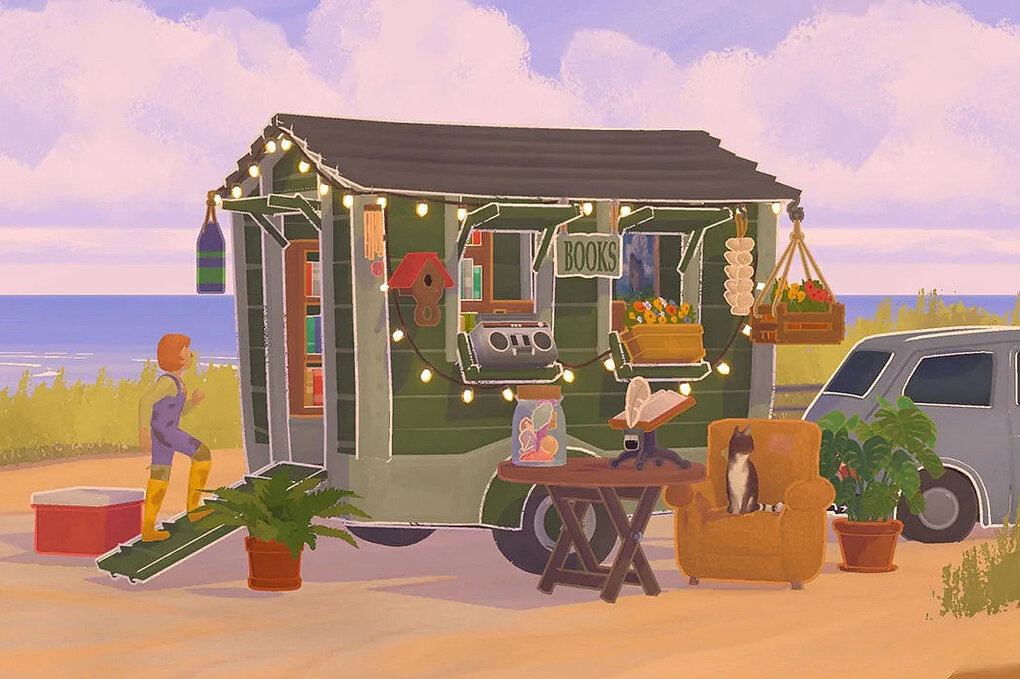 Illustration aus einem Game, das einen kleinen Buchladen am Strand zeigt