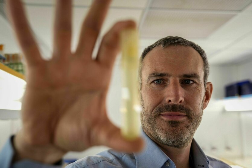Francois Ribalet hält ein Reagenzglas mit gelblicher Flüssigkeit in die Kamera