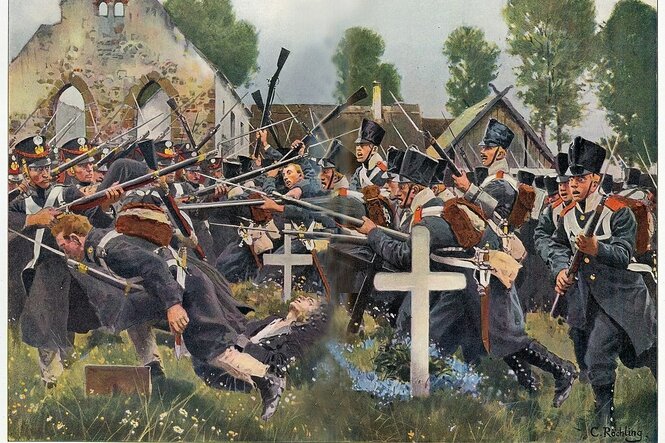 Ein Gemälde zur Schlacht von Großbeeren im August 1813, bei der auch Friederike Krüger mitwirkte; der Künstler zeigt von der Seite Soldaten zweier Heere, die offenbar auf einem Friedhof zwischen Kreuzen in engster Nähe mit Bajonetten an den Gewehren aufeinander losstürmen und einhauen. Einzelne Soldaten sind offenbar bereits gefallen)