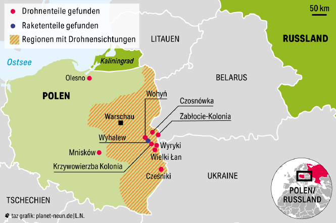 Karte Polen mit Funden von russischen Drohnenteilen