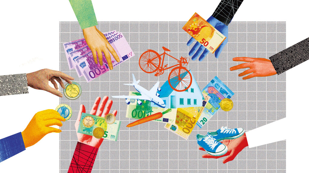 Eine Illustration zeigt Hände, die Geld und Sachen auf einen Haufen geben.