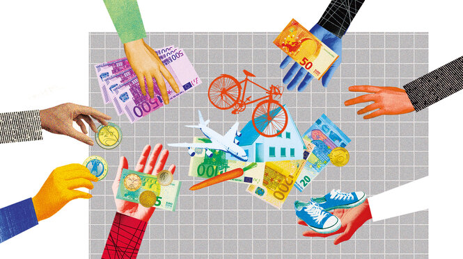 Eine Illustration zeigt Hände, die Geld und Sachen auf einen Haufen geben.