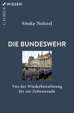 Ein blaues Buchcover mit dem Titel: "Die Bundeswehr. Von der Wiederbewaffnung bis zur Zeitenwende." Auf dem Cover ist ein Foto, das Soldaten vor dem Reichstagsgebäude zeigt.