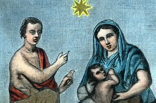 Illustration von Maria, dem Jesuskind und einem Weisen