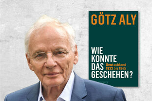 Das Bild zeigt eine Fotocollage mit dem Autoren Götz Aly vor einem grauen Hintergrund. Rechts daneben ist das dunkelgrüne Buchcover seines neuen Buches „Wie konnte das geschehen? Deutschland 1933 bis 1945 " zu sehen.