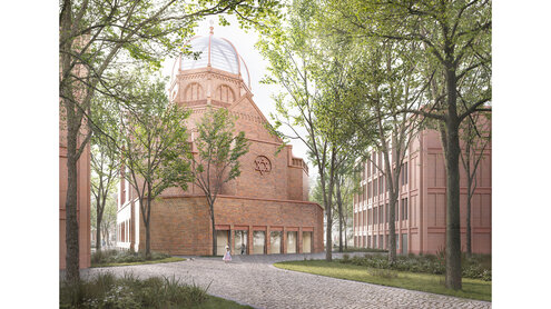 Synagogen-Zentralbau mit Backsteinfassaden und Glaskuppen, im Vordergrund ein zweistöckiges Nebengebäude
