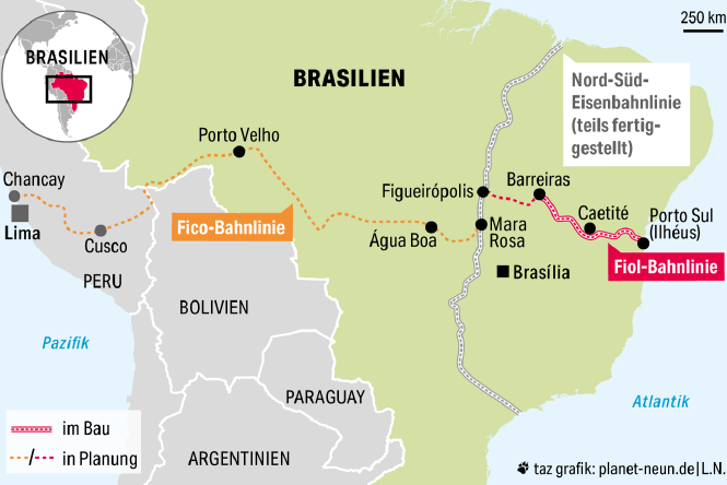 Landkarte von Brasilien und den angrenzenden Ländern mit dem Verlauf der (geplanten) Bahnstrecken