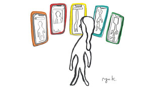 Illustration zeigt eine Person vor übergroßen Smartphones.