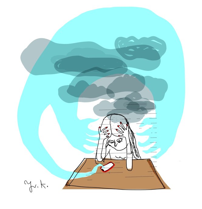 Illustration zeigt eine Person grübelnd vor einem Smartphone.