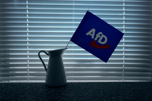 AfD-Fahne in einer Blechkanne vor Jalousie