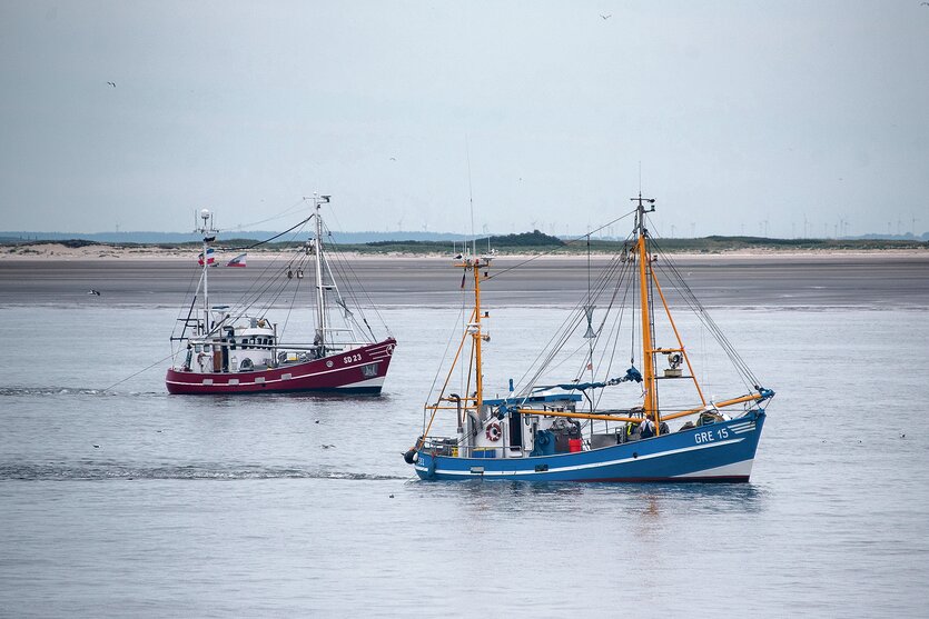 Zwei Fischkutter ziehen in der Deutschen Bucht nahe der Elbmündung ihre Netze durch das Wasser der Nordsee.