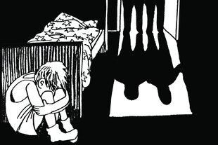 Schwarz-Weiss-Abbildung eines Jungen, der hinter seinem Bett Schutz vor den Betreuungspersonen sucht.