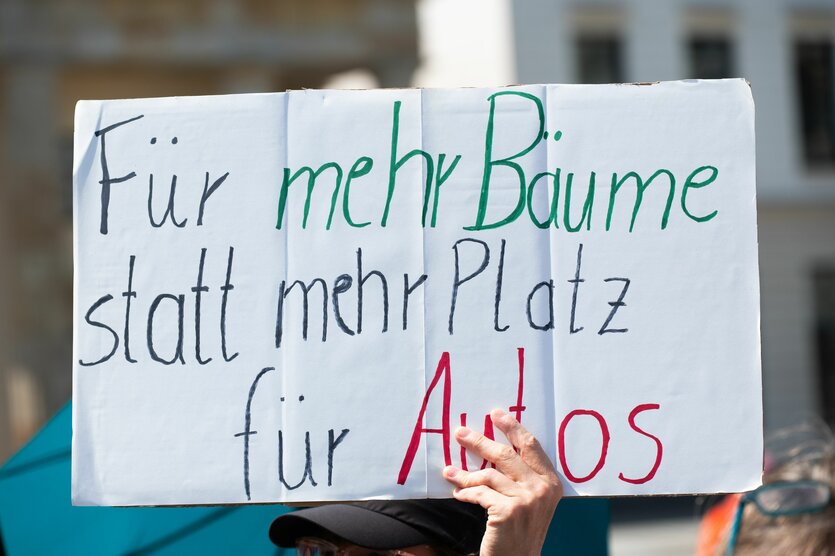 Das Foto zeigt ein Pappschild, dass sich für die Ziele der Baum-Initiative einsetzt