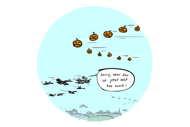 Die Grafik zeigt Zugvögel und fliegende Halloweenkürbisse