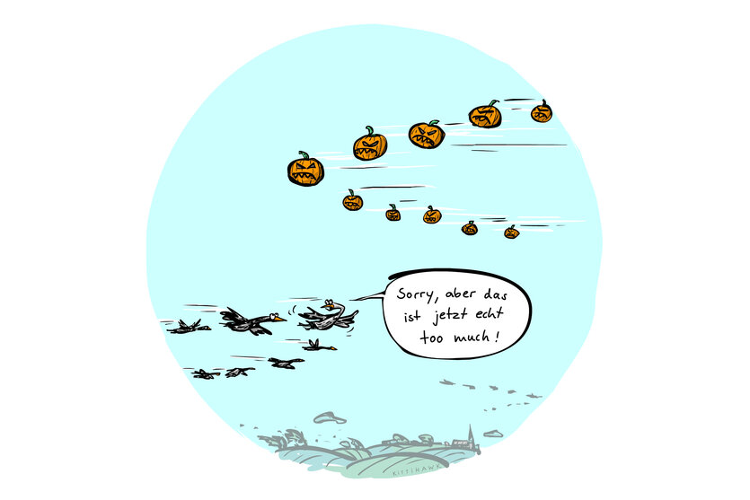 Die Grafik zeigt Zugvögel und fliegende Halloweenkürbisse