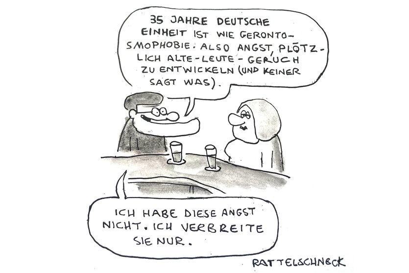 Cartoon von Rattelschneck zu 35 Jahre Deutsche Einheit