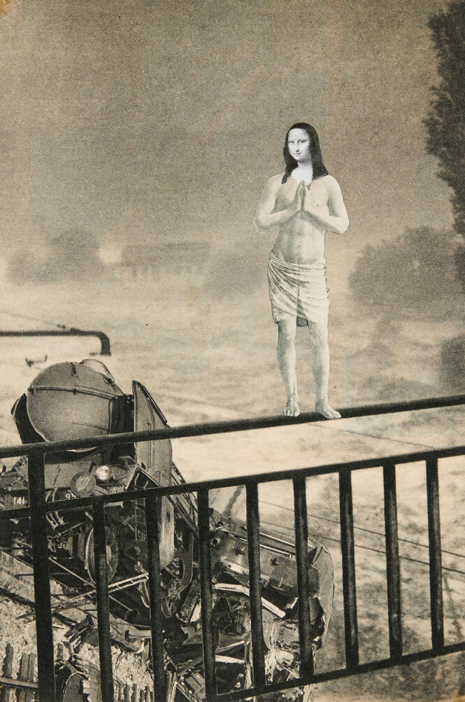 Eine "Schockcollage der Künstlerin Sarah Schumann mit Konterfei der Mona Lisa auf einer männlichen Skulptur