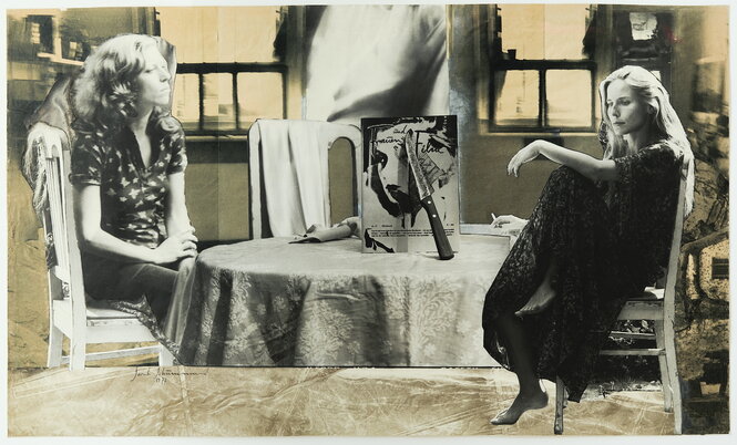 Die Schriftstellerin Ann Anders (li.) und die Literatur­wissenschaftlerin Silvia Bovenschen (re.) auf Sarah Schumanns Collage