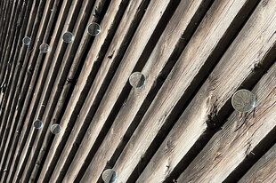 Nahaufnahme einer verwitterten, dunklen Holzverschalung mit kleinen, konvexen Glaslinsen, die wie Tränen oder Blütenblätter an den Latten haften und Licht einfangen.
