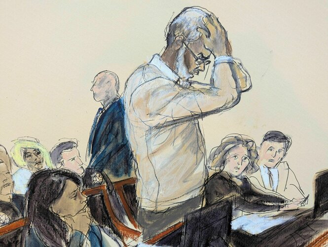 In dieser Skizze aus dem Gerichtssaal reagiert Sean Diddy Combs, als er während seiner Strafmaßverkündung vor dem Bundesgericht in Manhattan eine Erklärung abgibt.