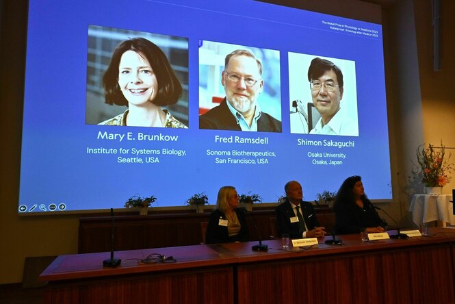 Fotos der Nobelpreisträger und Nobelpreisträgerinnen für Medizin auf einem Bildschirm