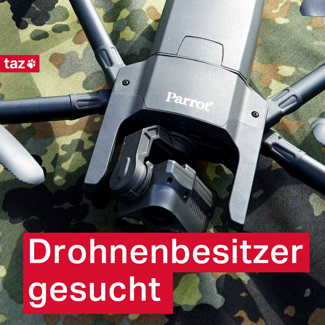 Ein Foto von einer Drohne, dazu der Text: "Drohnenbesitzer gesucht"