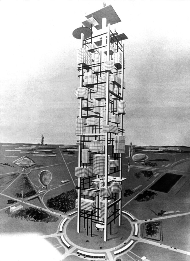 Zeichnung des kybernetischen Turms von Nicolas Schöffer mit vielen Modulen.