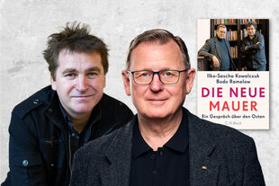 Bodo Ramelow und Ilko-Sascha Kowalczuk sind mit dem Cover ihres Buches "Die neue Mauer" abgebildet, das beide Autoren ebenfalls zeigt